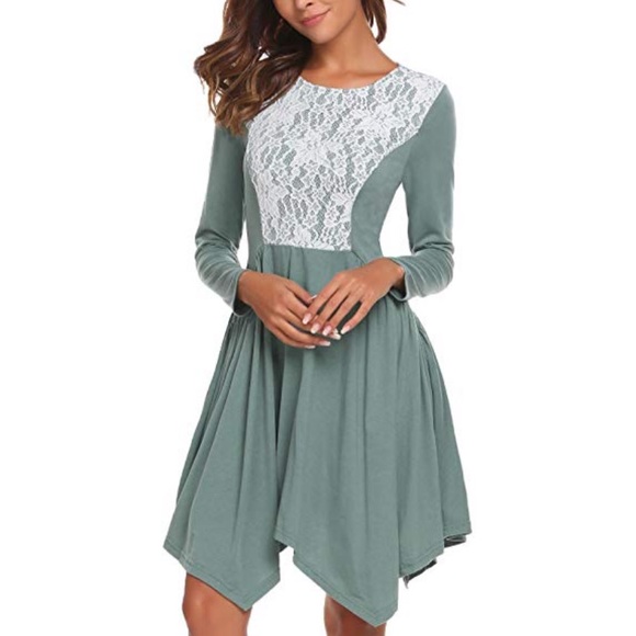 Sage Lace Patchwork Irregular Hem Boho Dress - Picture 2 of 8